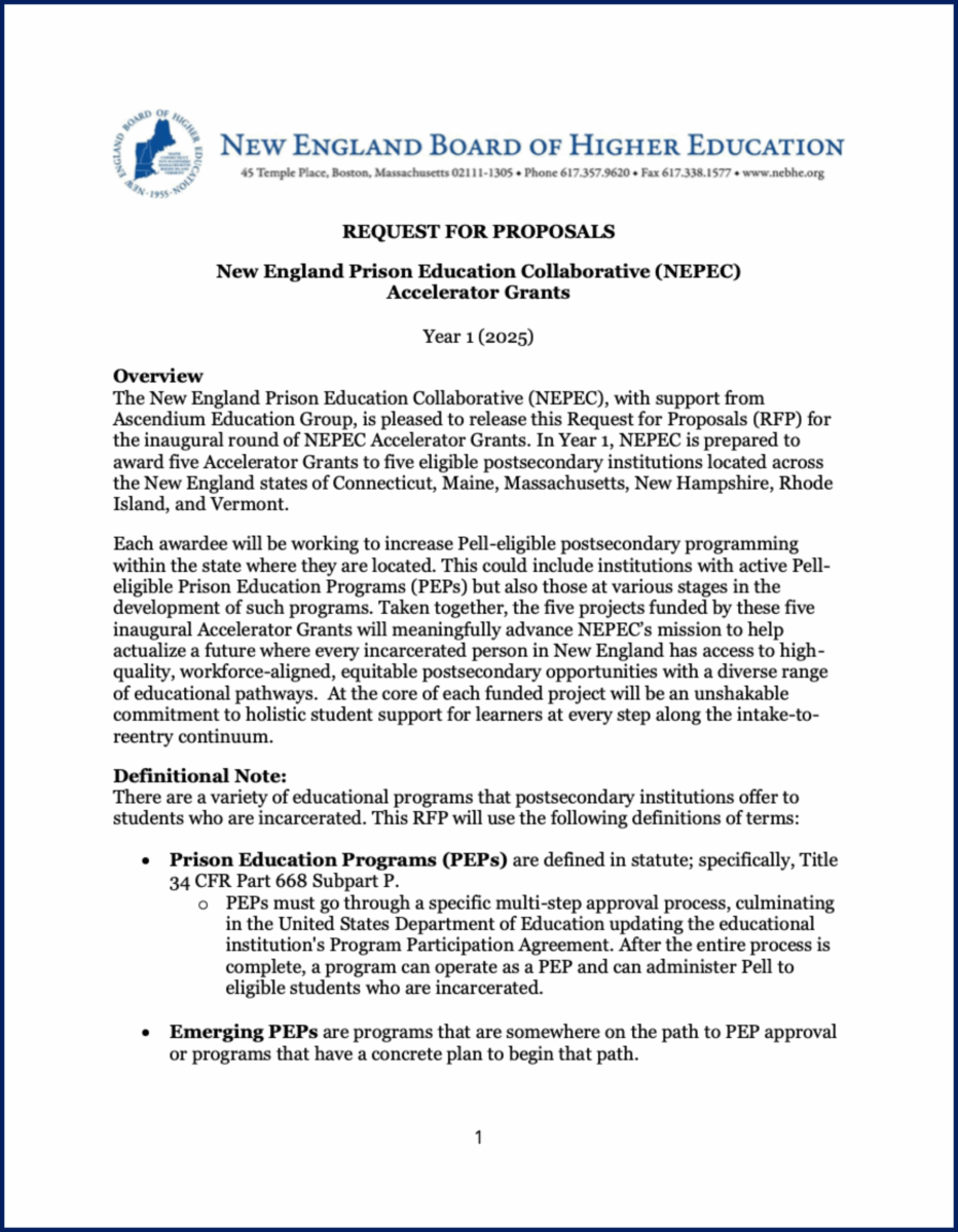 Request for Proposals document from the New England Board of Higher Education for NEPEC Accelerator Grants 2025 - guide pdf