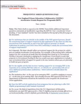 FAQ document for NEPEC Accelerator Grants RFP, including application guidance and eligibility details - guide pdf