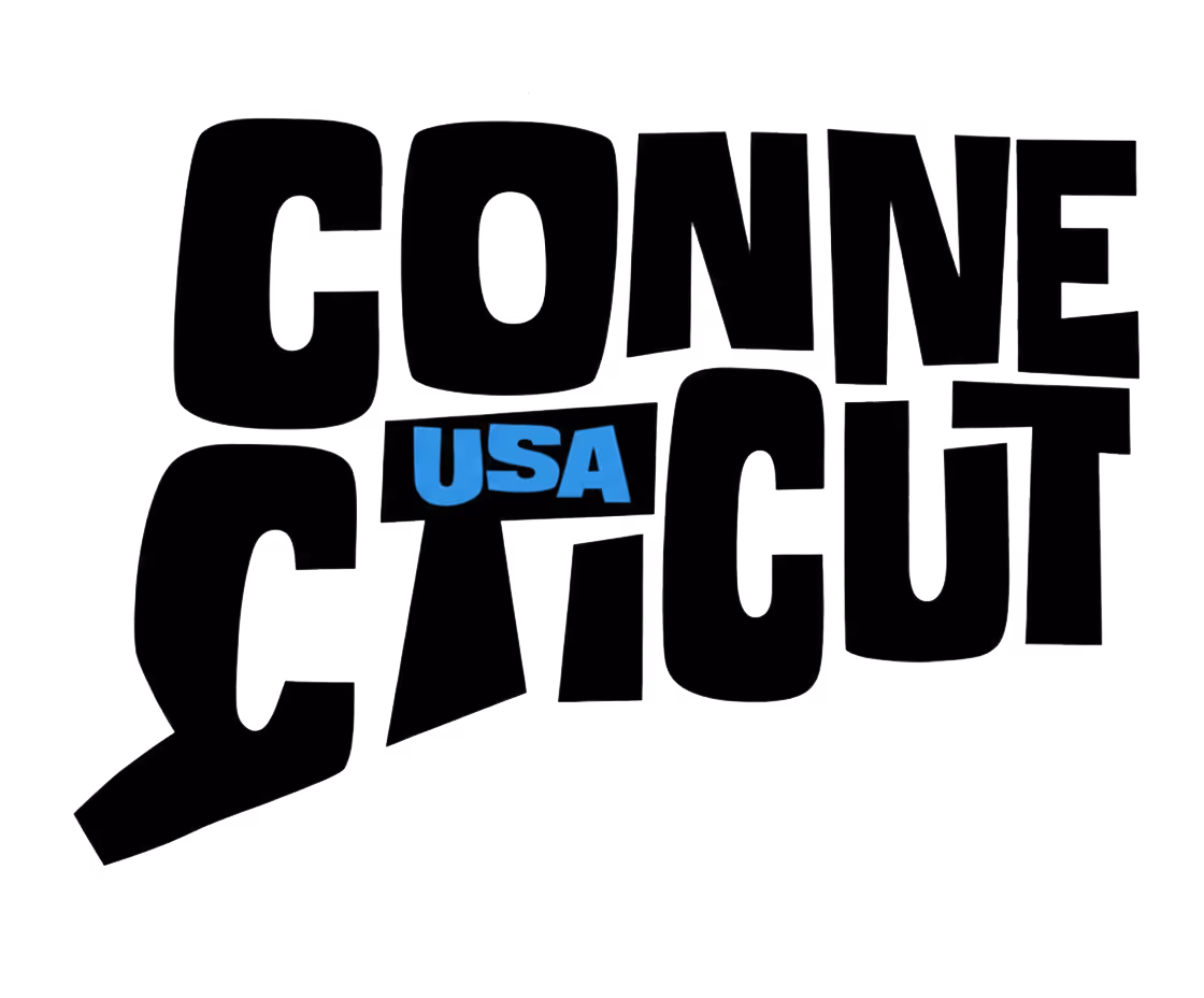Bold, irregular black letters spelling 'CONNECTICUT' with 'USA' in blue letters inside the letter 'I'.