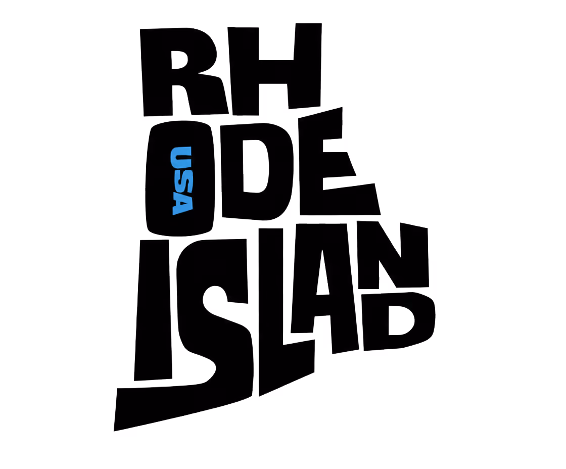 Stylized text design spelling Rhode Island with USA in blue inside the letter O.