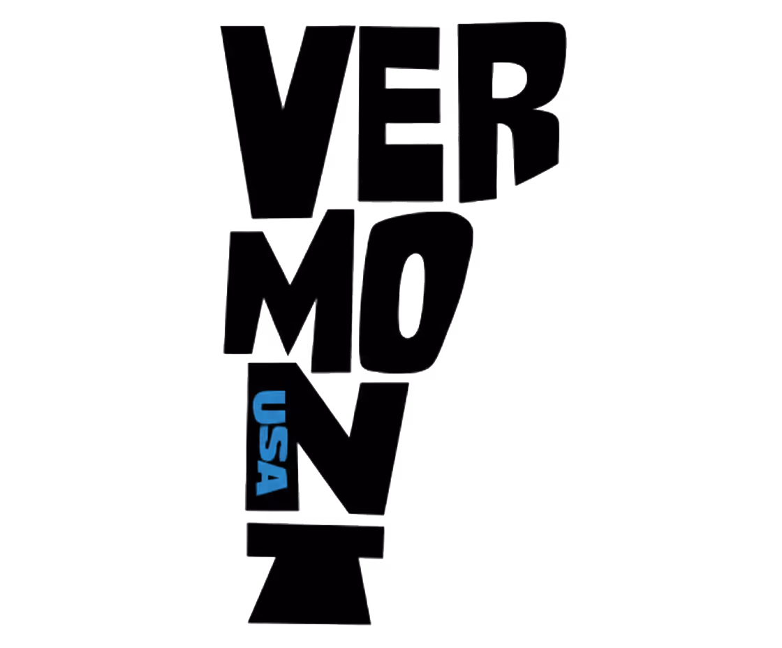 Stylized vertical text spelling 'VERMONT' with 'USA' in blue on the letter N.