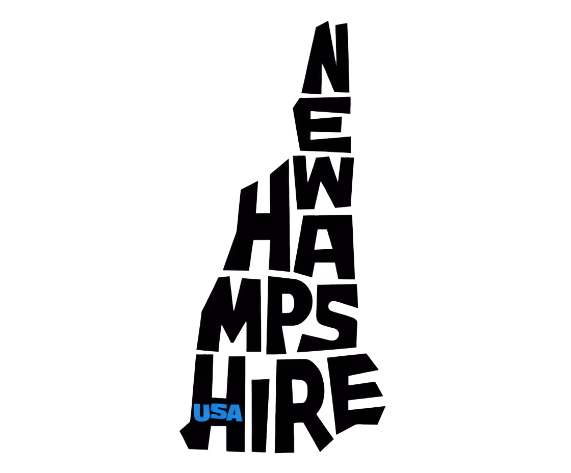 Black stylized block letters spelling out New Hampshire in the shape of the state with 'USA' in blue on the lower left.