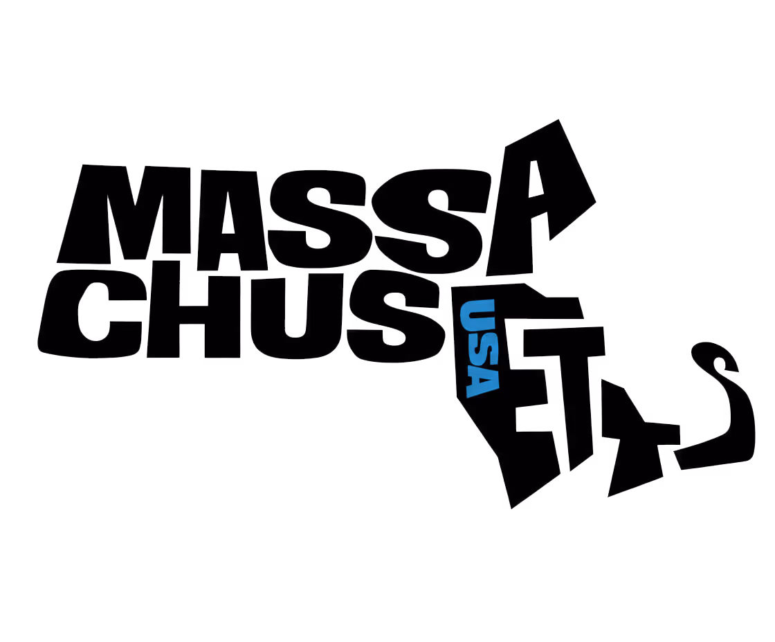 Silhouette of Massachusetts state with letters spelling 'MASSACHUSETTS' and 'USA' inside.
