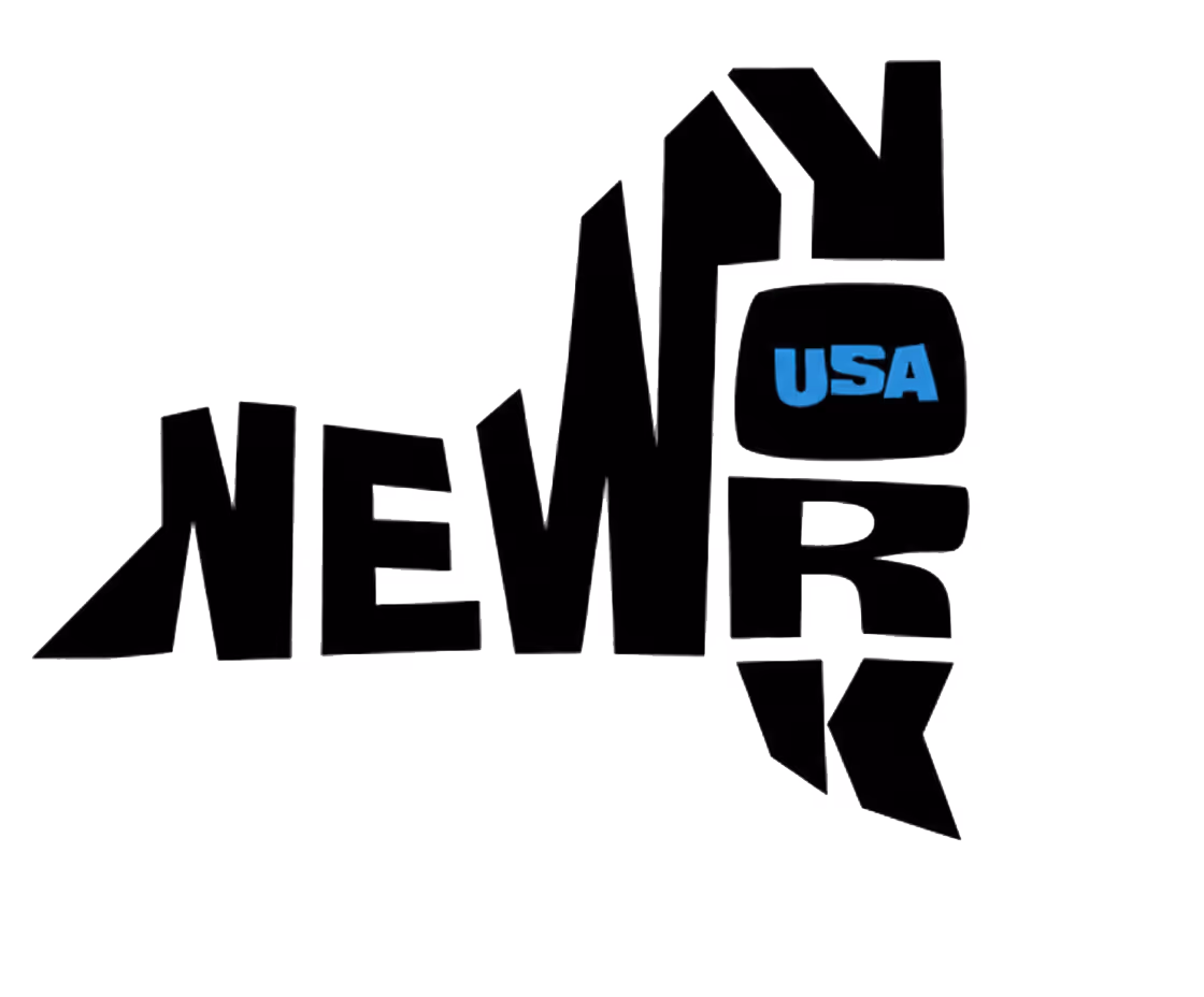 Stylized black text spelling 'NEW YORK' forming the shape of New York state, with the letters 'USA' in blue inside the letter 'O'.