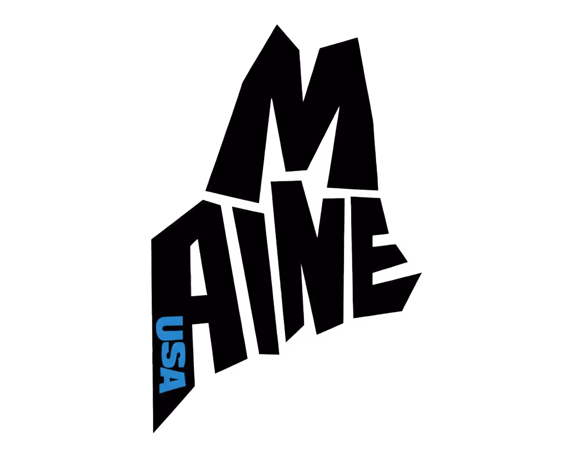 Stylized black text forming the shape of the state of Maine with 'MAINE' in large letters and 'USA' in smaller blue letters.