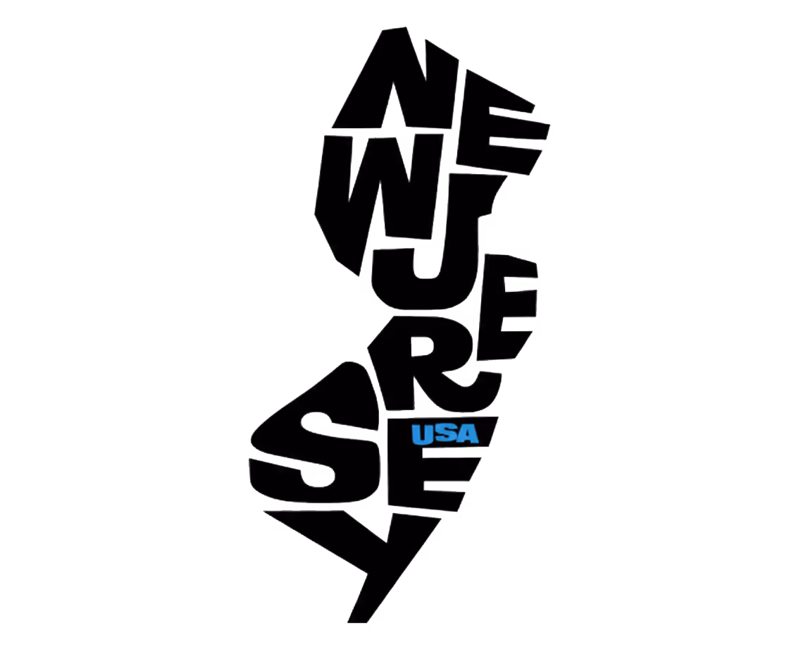 Silhouette of New Jersey state filled with black letters spelling 'NEW JERSEY' and a blue 'USA' near the bottom center.