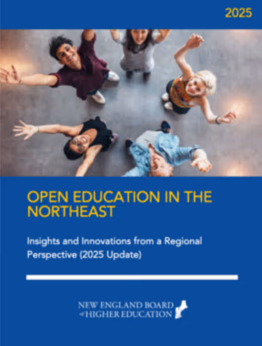 Cover of the 2025 report "Open Education in the Northeast" by the New England Board of Higher Education featuring students viewed from above