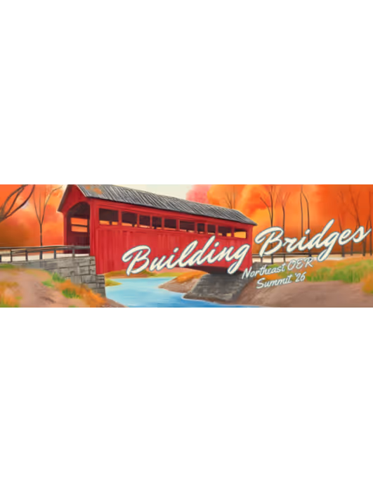 Illustration of a red covered bridge in autumn with the text "Building Bridges – Northeast OER Summit ’26"
