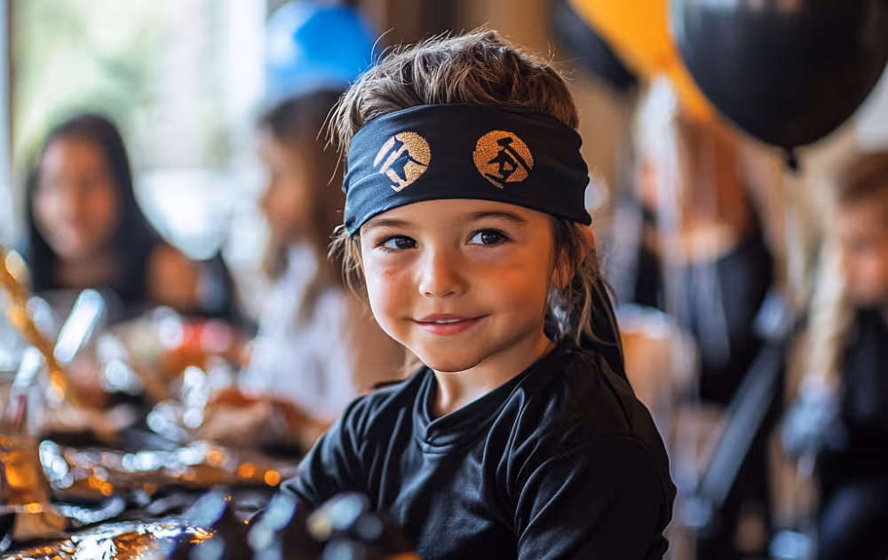 A smiling young girl is attending a karate-themed birthday party.