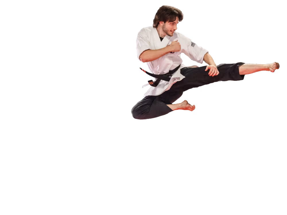 Young Adult demonstrating a flying Side bladed kick