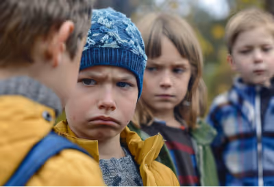 A group of school-aged kids are frowning, insinuating that an argument is about to start.