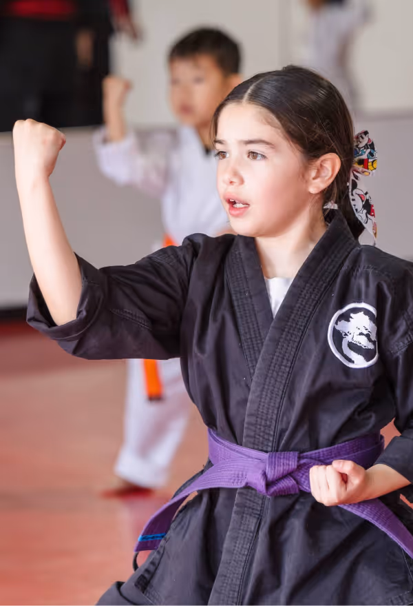 A young purple belt karate student practices the eight-point blocking system.