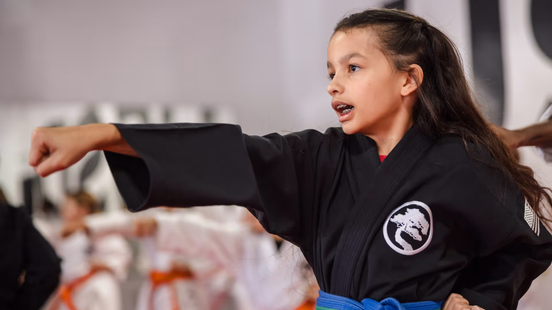 A young karate student is practicing punches during a group karate class.
