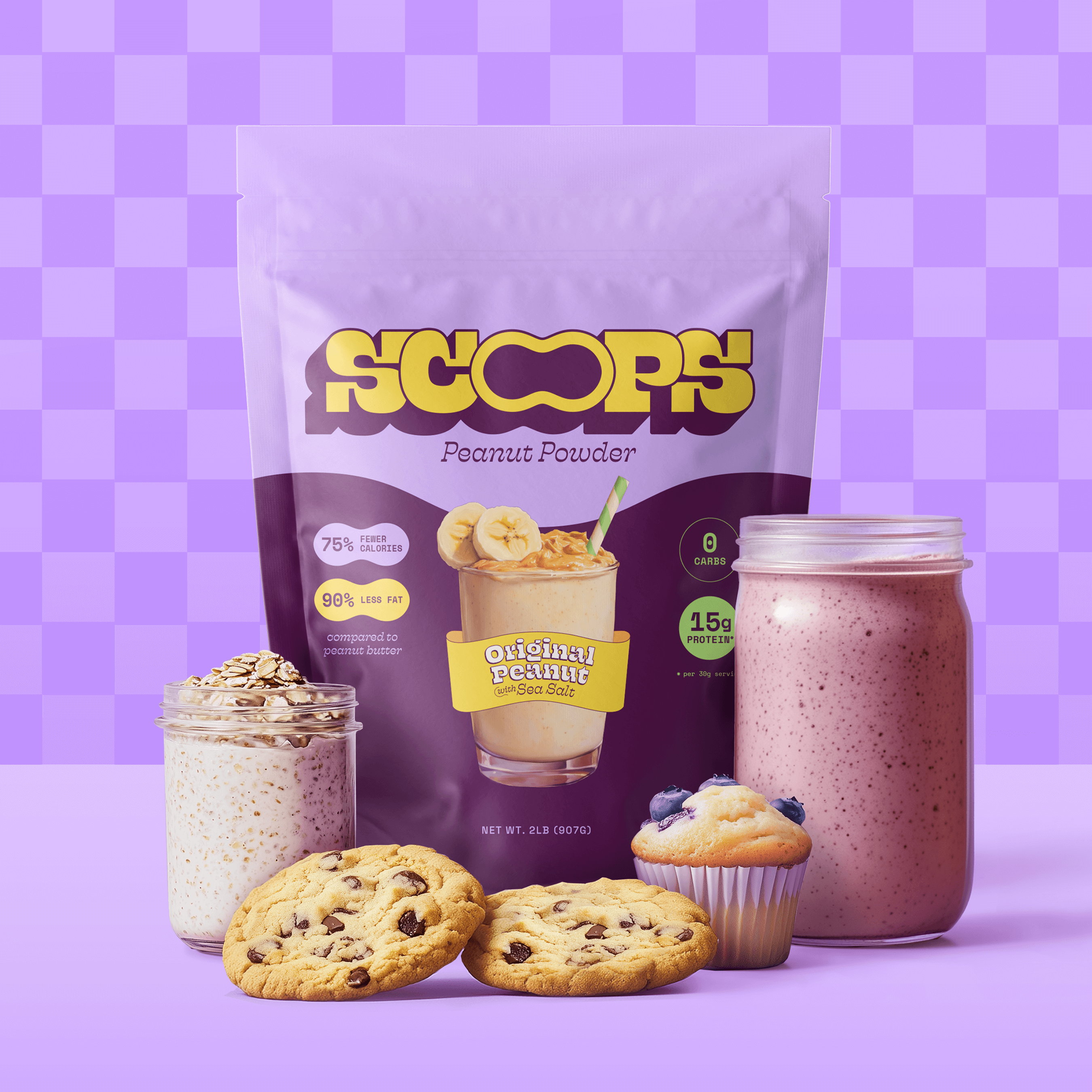 A package of Scoops peanut powder next to smoothies, a muffin and cookies.
