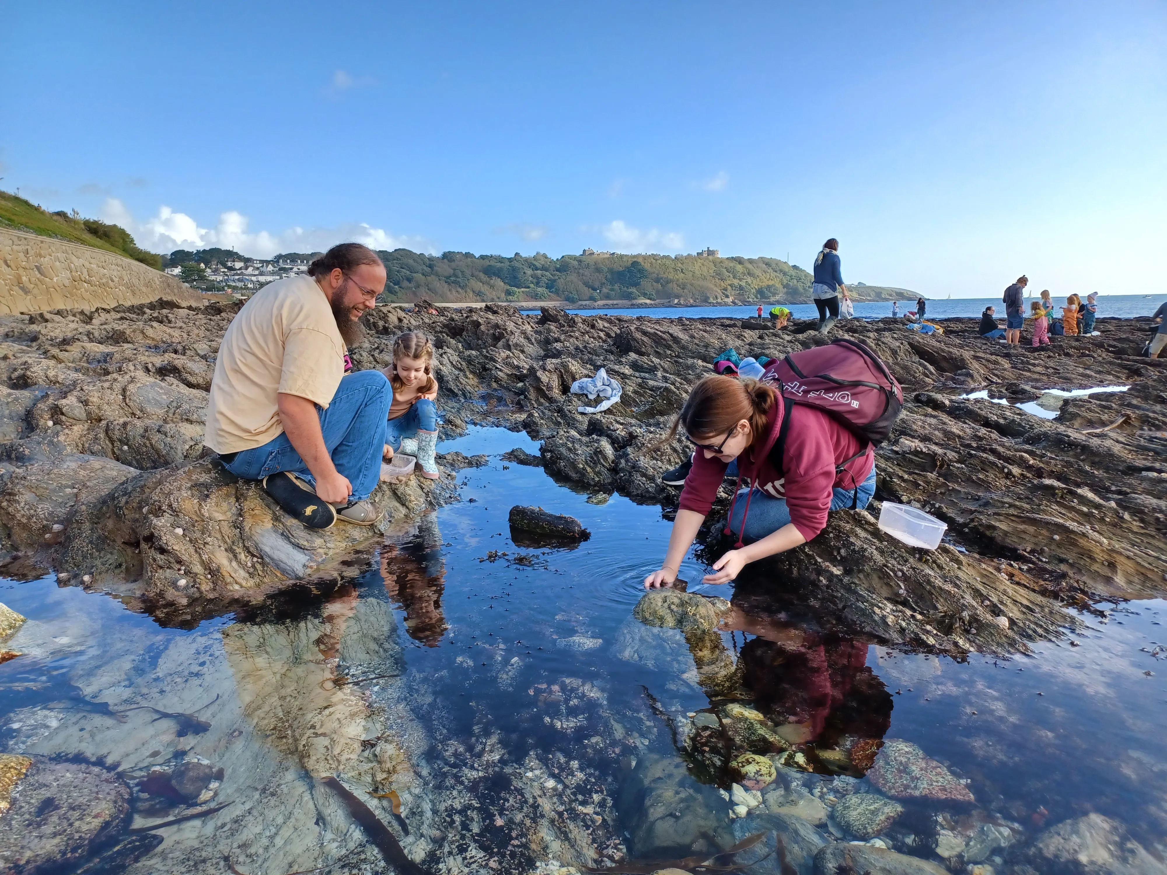 Two people exploring a rock pool trying to check if there's any marine species in the water.