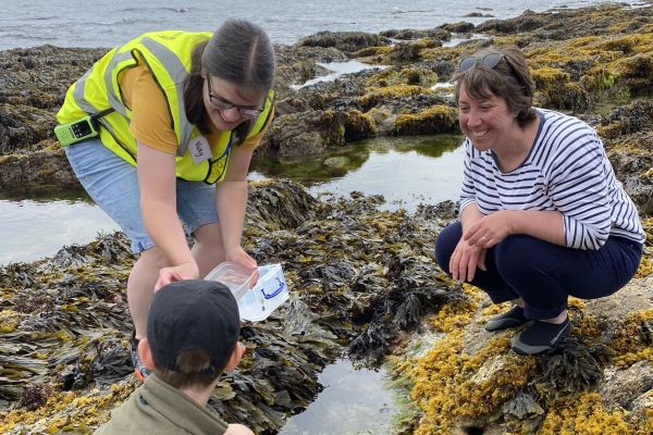 A participant identifying species in a rock pool with a volunteer. The National Bioblitz event date 17–24 May written on the top-left.