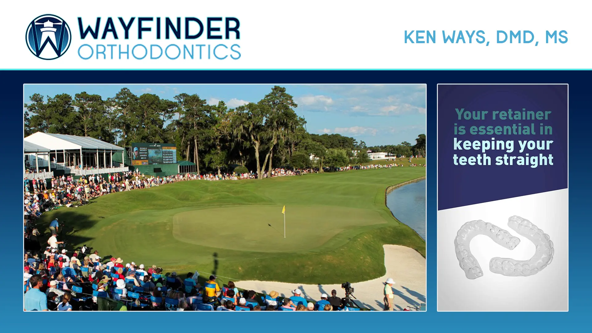 Digital signage presentation featuring passthrough video of live golf alongside practice relevant content.
