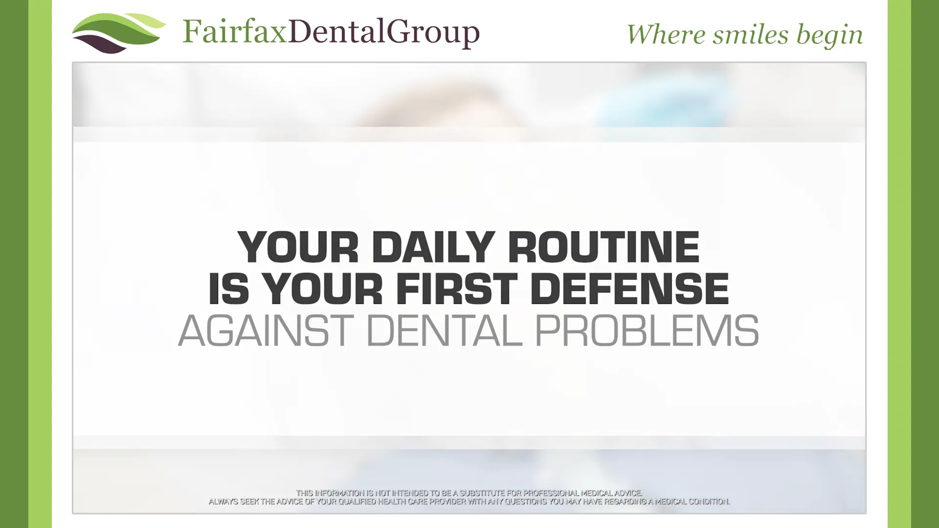 Content example of waiting room TV in a dental office featuring a message about oral health.