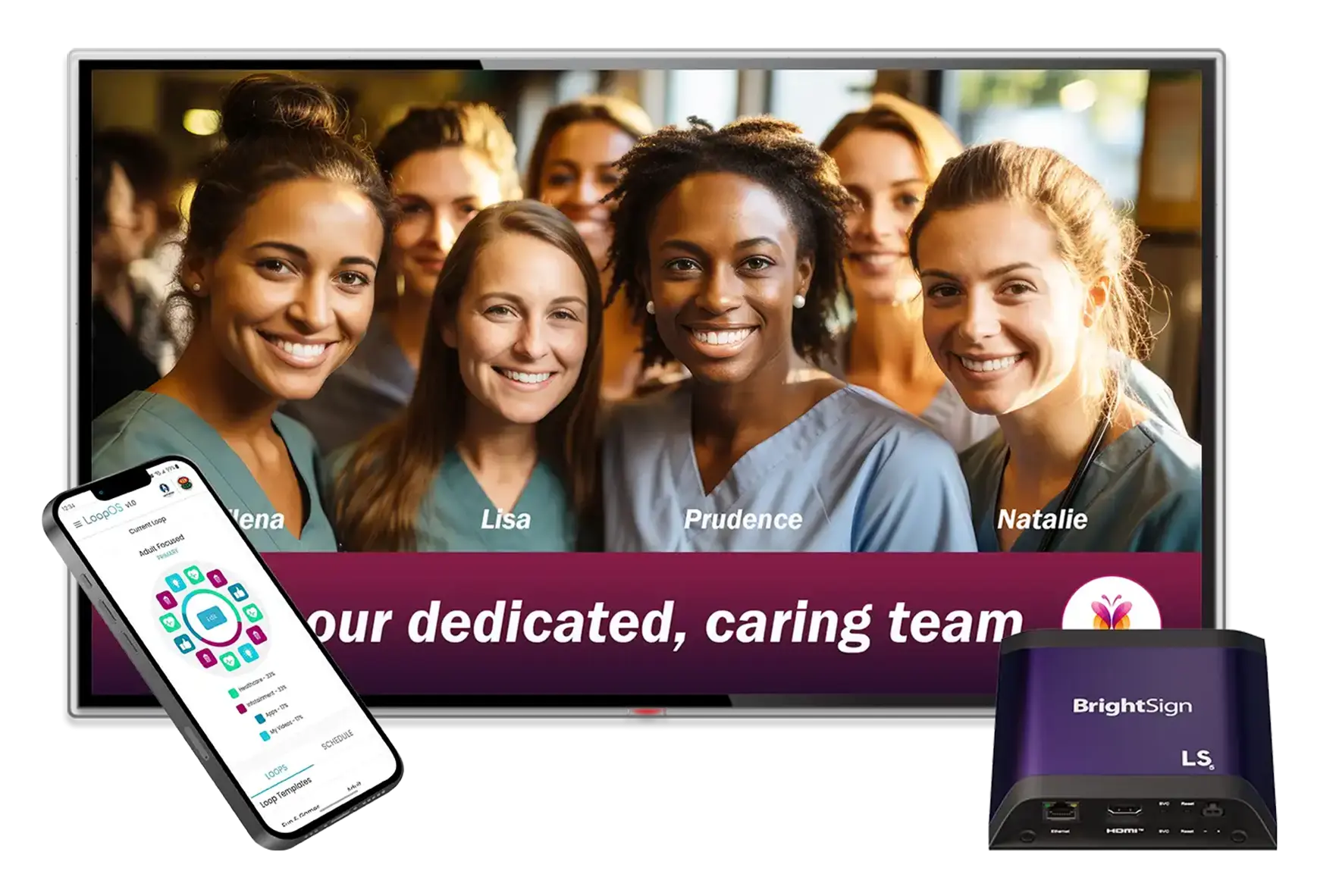 A TV showing content introducing members of a healthcare team alongside a media player and mobile device displaying a content management app.
