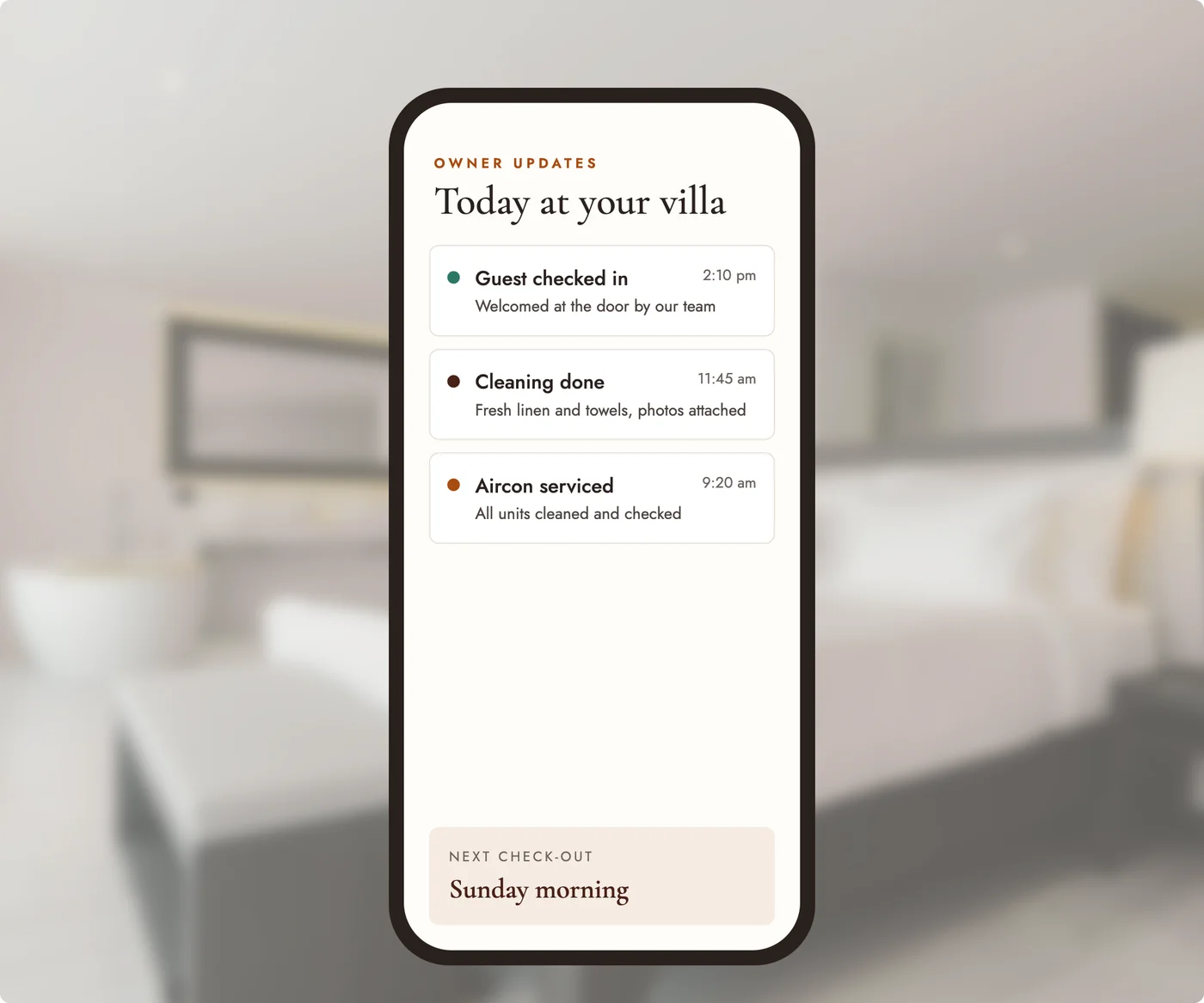 MonthStayz property updates on a phone: guest checked in, cleaning done, aircon serviced