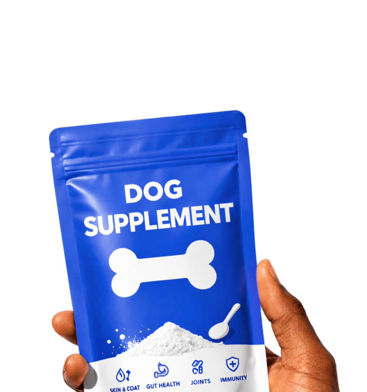 Hand holding blue bag labeled Dog Supplement with a white bone icon and powder with icons for skin & coat, gut health, joints, and immunity benefits.