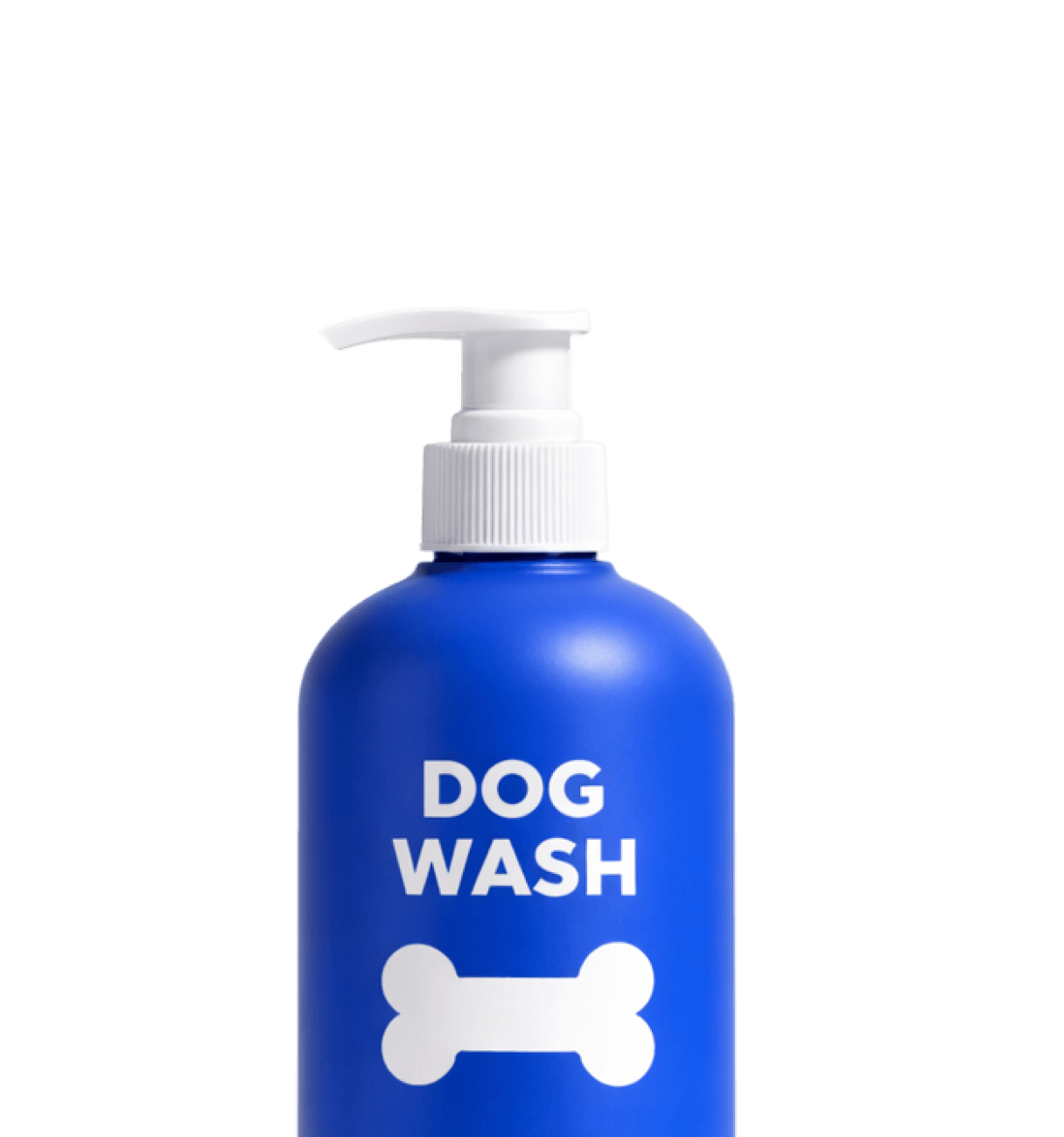 Blue pump bottle labeled Dog Wash with a white bone icon.