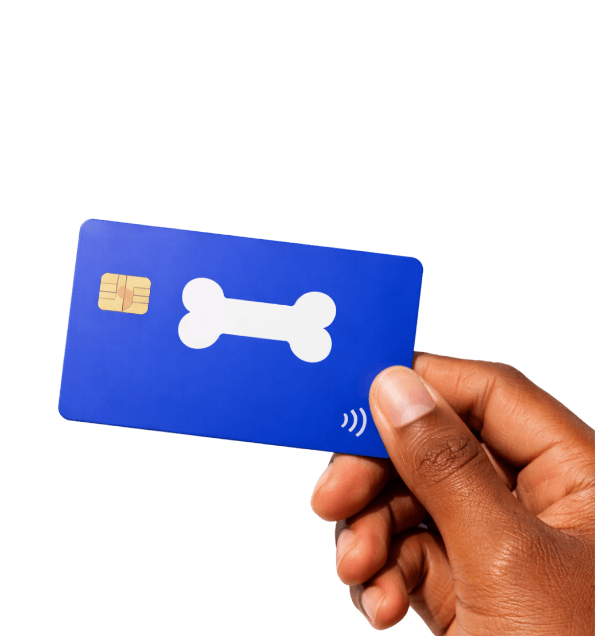 Hand holding a blue contactless card with a white bone icon and a chip.