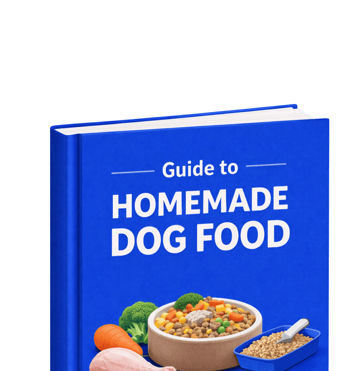 Blue cookbook titled 'Guide to Homemade Dog Food' with images of carrot, broccoli, raw chicken, and bowls of dog food in front.