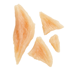 Light pink, dried salmon cartilage pieces with a rough texture, shown as a natural dog treat or supplement
