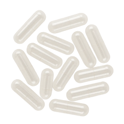 Clear, smooth hydroxypropylmethylcellulose capsule shells scattered on a white background for dog supplements