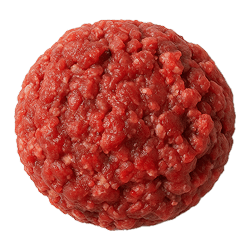 Fresh, coarsely ground bison meat formed into a round ball, rich red colour with visible marbling and texture