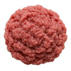 Freshly ground turkey offal formed into a pinkish-red, moist, coarse-textured mound suitable for dog food