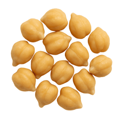 Round, beige garbanzo beans with a smooth texture clustered together on a plain background