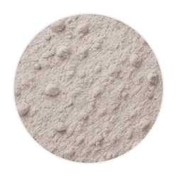 Light beige manganese gluconate powder with a fine, slightly clumpy texture displayed in a circular close-up view
