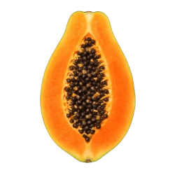 Ripe papaya cut in half with bright orange flesh and a cluster of small black seeds in the centre