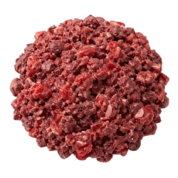 Chunky mound of raw venison offal, deep red and pink, with a moist, coarse texture, suitable for dog food