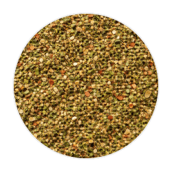 Finely chopped mixed herbs in green, brown and red shades, with a coarse, leafy texture, arranged in a circular pile