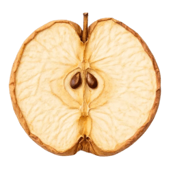Sliced dehydrated apple with light golden flesh, wrinkled texture, brown edges and visible seeds, used in dog treats