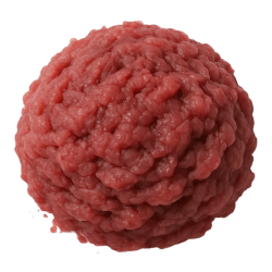 Fresh kangaroo muscle meat shaped into a round ball, with a coarse, moist texture and rich red colour