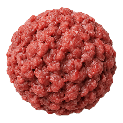 Fresh raw wallaby mince shaped into a round ball, with a coarse, moist texture and rich red colour on display