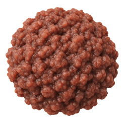 Raw lamb organs shaped into a round, textured ball with a reddish-brown colour, ideal for dog nutrition