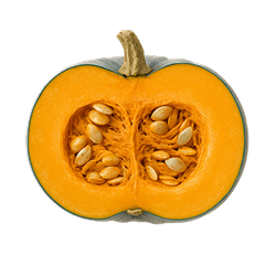 Blue Pumpkin cut in half with grey-blue skin, bright orange flesh and seeds, showing a fresh, firm texture