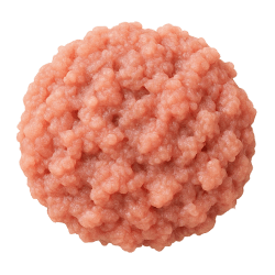 Finely minced roasted quail with a pinkish colour and moist, textured surface, prepared as nutritious dog food