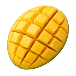 Fresh mango half with bright yellow flesh, cut into cubes, showing juicy, vibrant texture on a clean surface