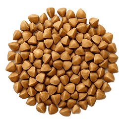 Light brown, pyramid-shaped buckwheat seeds with a smooth, matte texture scattered on a white background