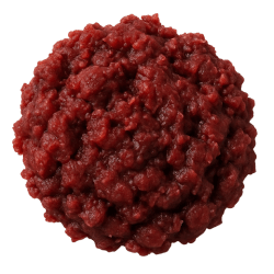 Dark red, finely minced wild boar organs shaped into a moist, textured ball, ideal as nutritious dog food or treats