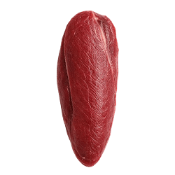 Lean, deep red kangaroo fillet, whole and uncooked, with a smooth, glossy texture on a plain background