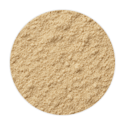 Stoneground wheat flour in a light beige, slightly coarse mound on a plain background, highlighting its natural texture