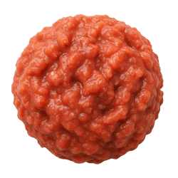 Round ball of finely minced salmon offal, moist and pink-orange with a glossy, textured surface on display