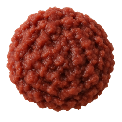 Round, moist turkey giblet ball with a reddish-brown colour and textured surface, prepared as nutritious dog food
